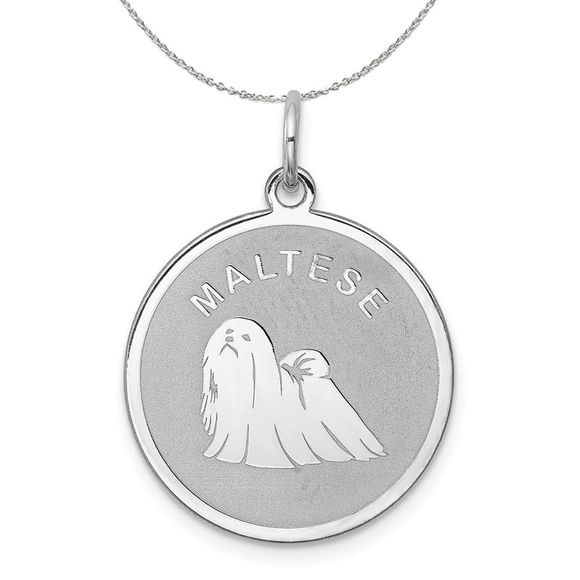 Sterling Silver Laser Etched Maltese Dog 19mm Necklace - 20 Inch